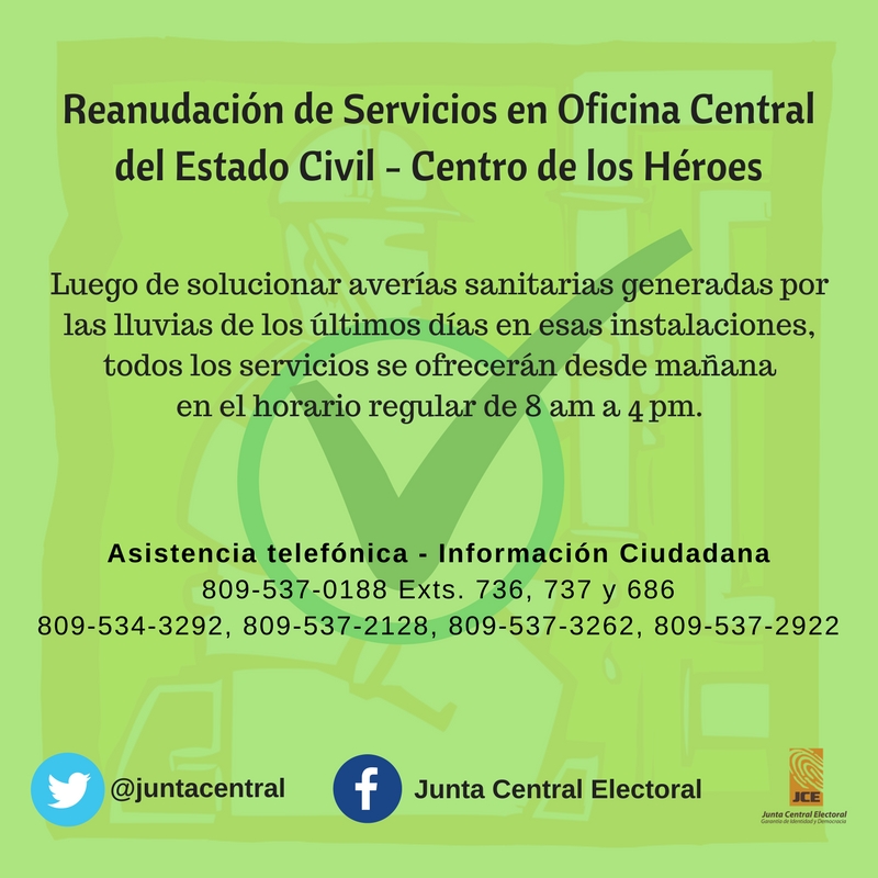 Reanudación de servicios en Oficina Central del Centro de los Héroes