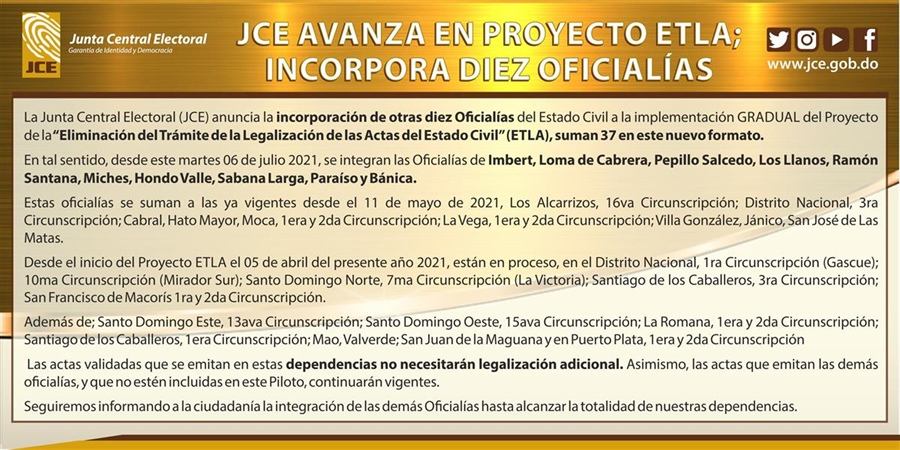 JCE amplía a 37 las oficialías que emiten el acta validada dentro del proyecto ETLA